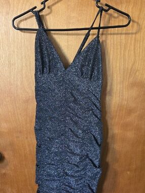 wild fable Black Glitter Ruched V-Neck Mini Dress